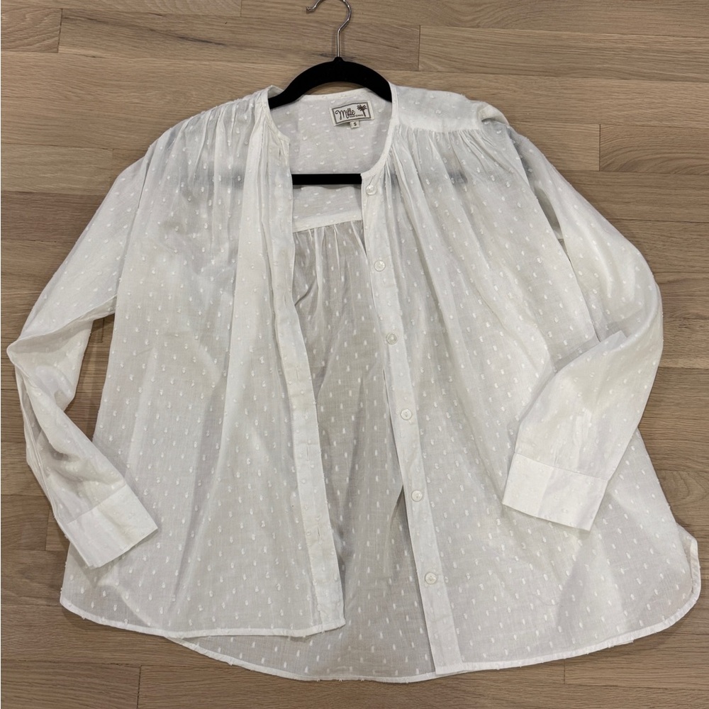 White Swiss Dot Button Front Blouse